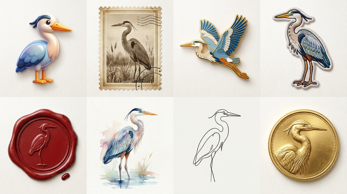 The same heron rendered as a badge in eight styles: 3D cartoon, vintage stamp, enamel pin, embroidered patch, wax seal, watercolor, line art, and gold coin