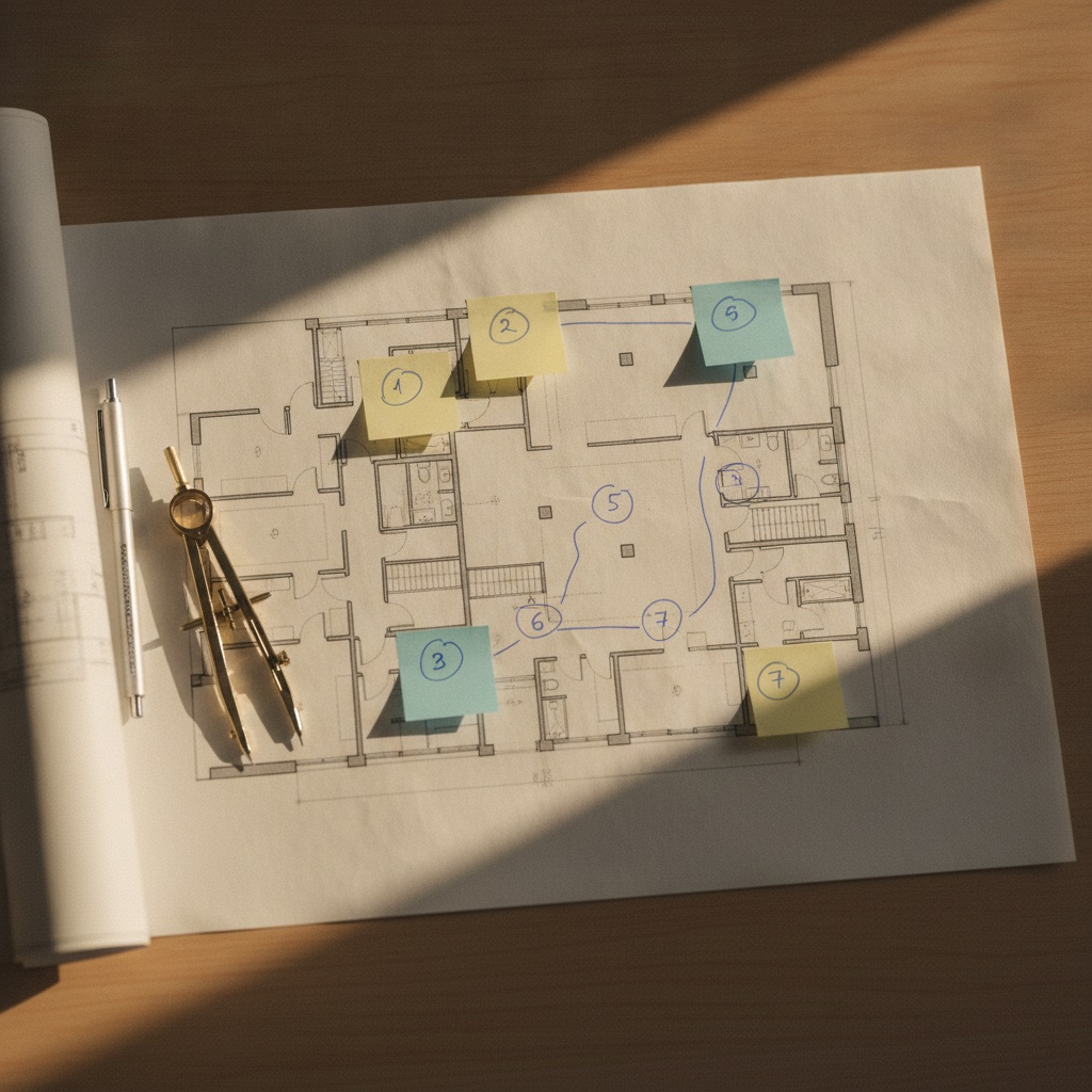 A floor plan marked with numbered stops connected by a hand-drawn route