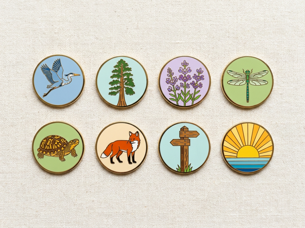 A collection of nature-trail collectible stamps — heron, cypress, wildflower, dragonfly, turtle, fox, trail marker and sunrise — on bright linen
