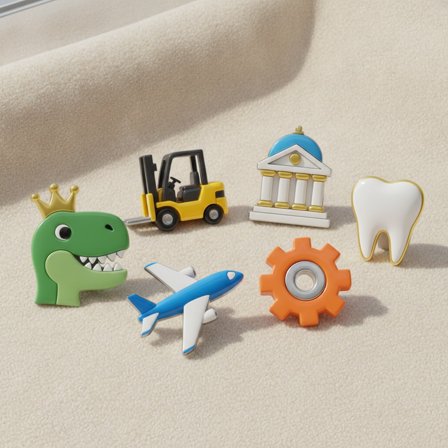 A collection of playful themed collectible stamp badges