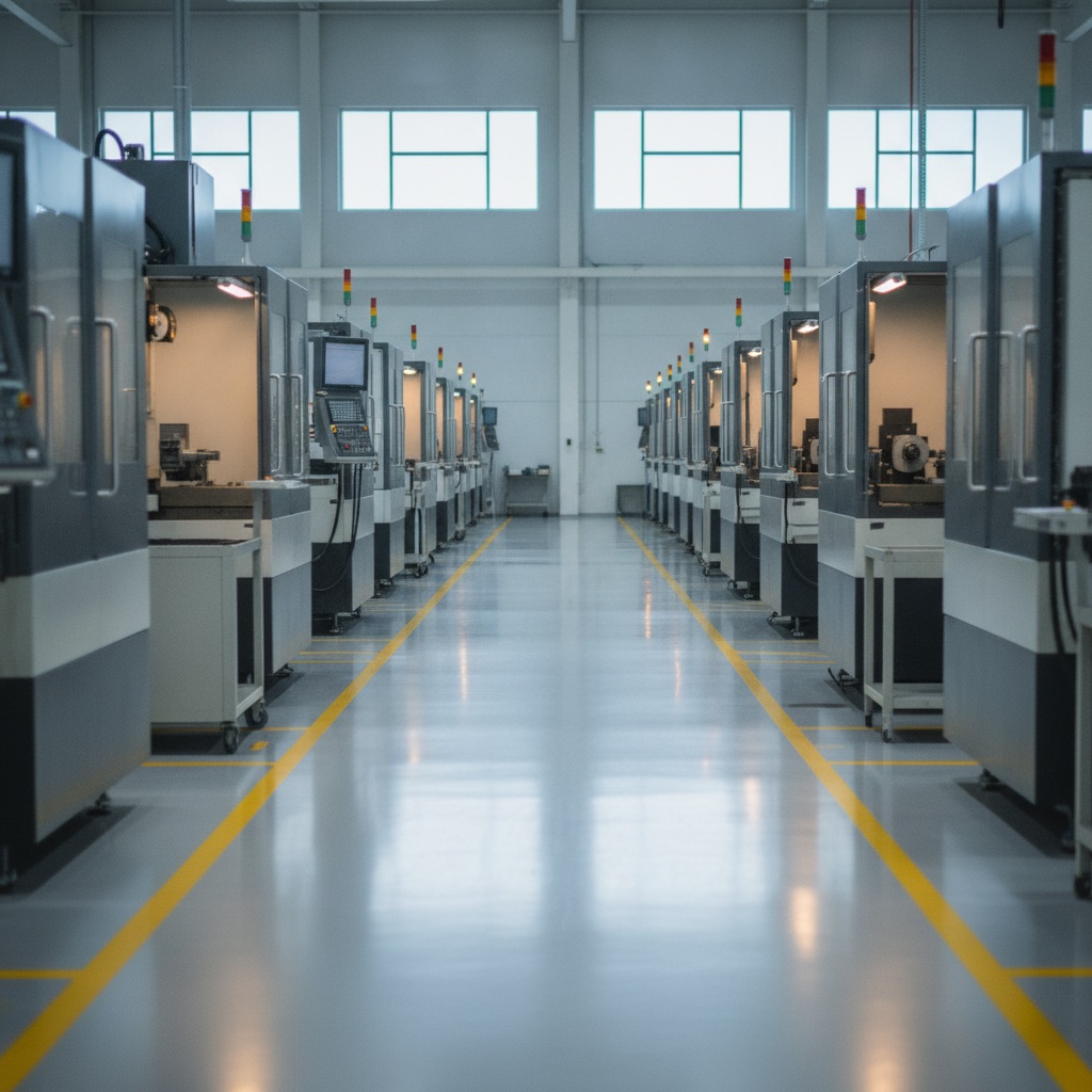 Rows of CNC machines on a bright factory floor