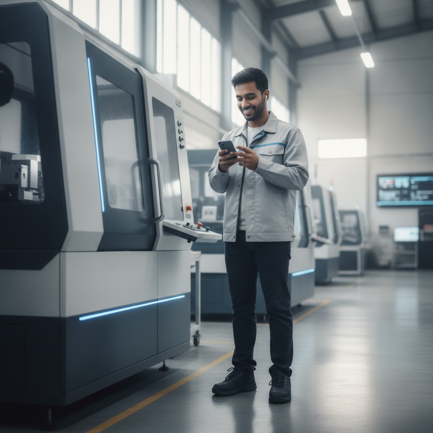 An employee on the factory floor asking a machine a question on their phone