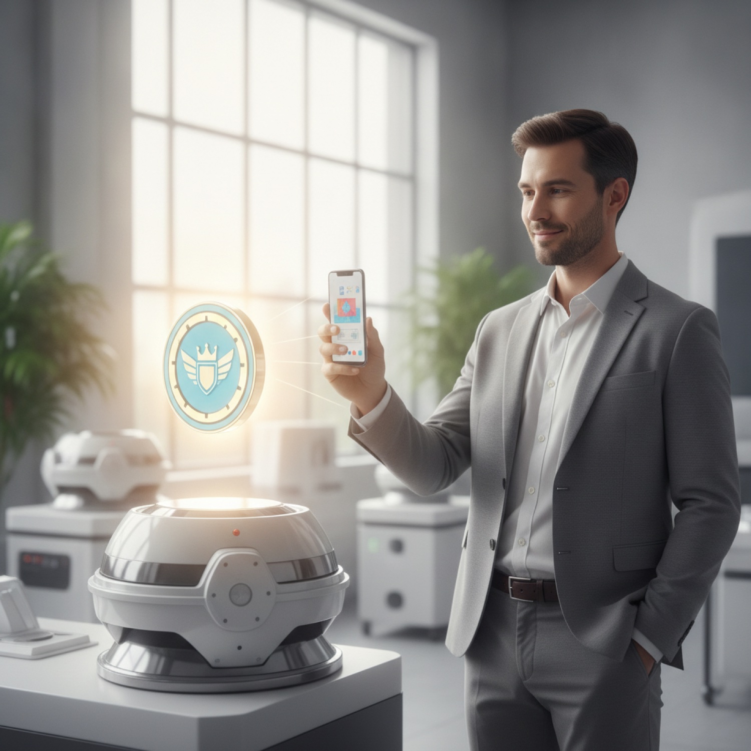 A person discovering a floating collectible stamp above a machine on their phone