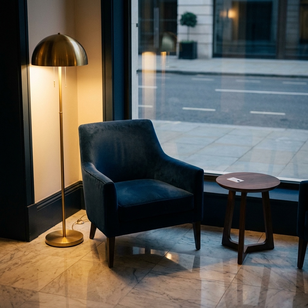A sunlit hotel lobby with warm seating