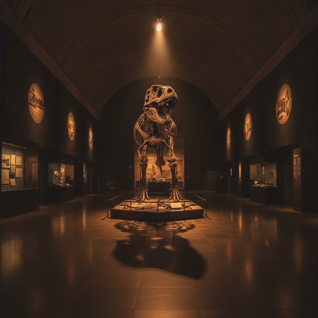 A museum hall after hours — sculpture and framed works under low, warm light