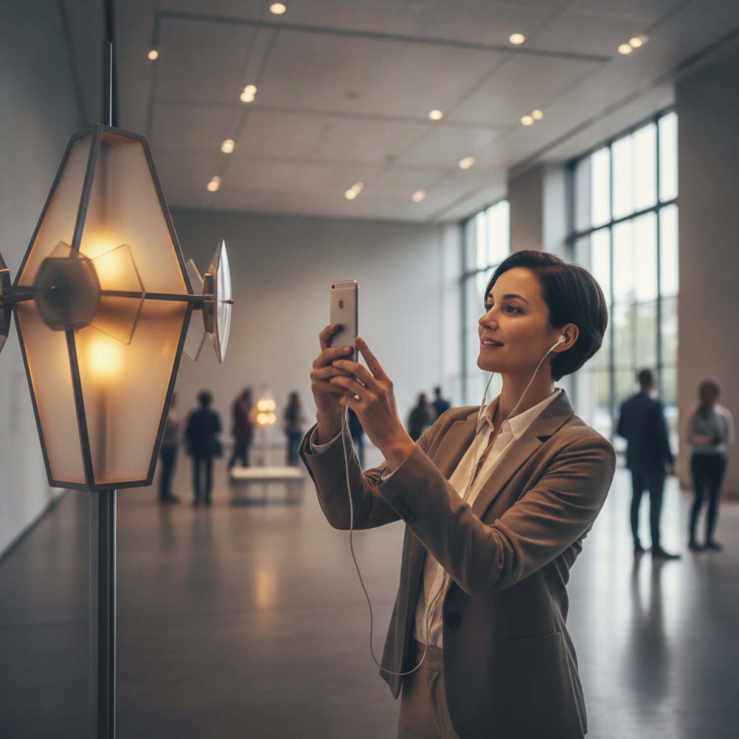 A museum visitor scanning an exhibit with their phone