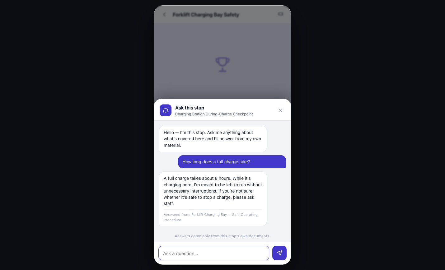 The Waypoints guest app open on a phone — a guest asks a waypoint a question and it answers from that stop's own documents, with the source cited below the reply