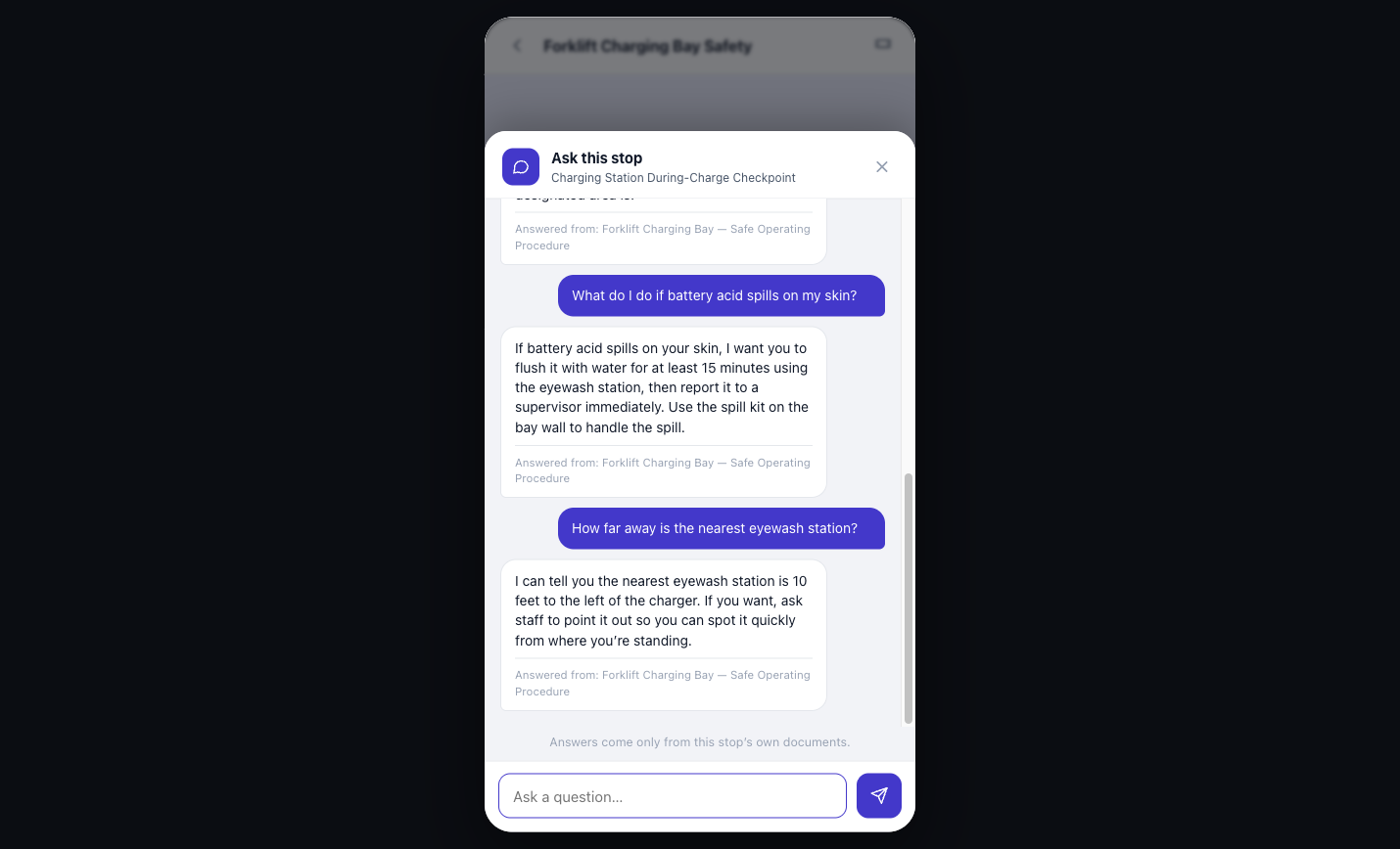 The Waypoints app open at a waypoint, answering a safety question from the company's own operating procedure and citing the source document