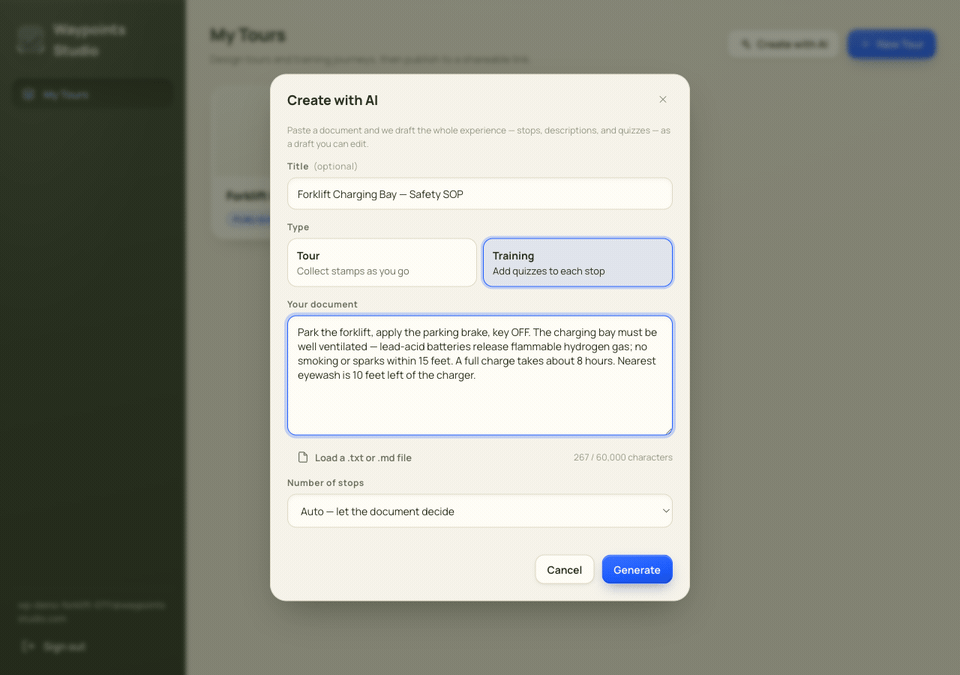 The Waypoints builder drafting a full forklift-charging safety journey — stops and quizzes — from one uploaded SOP