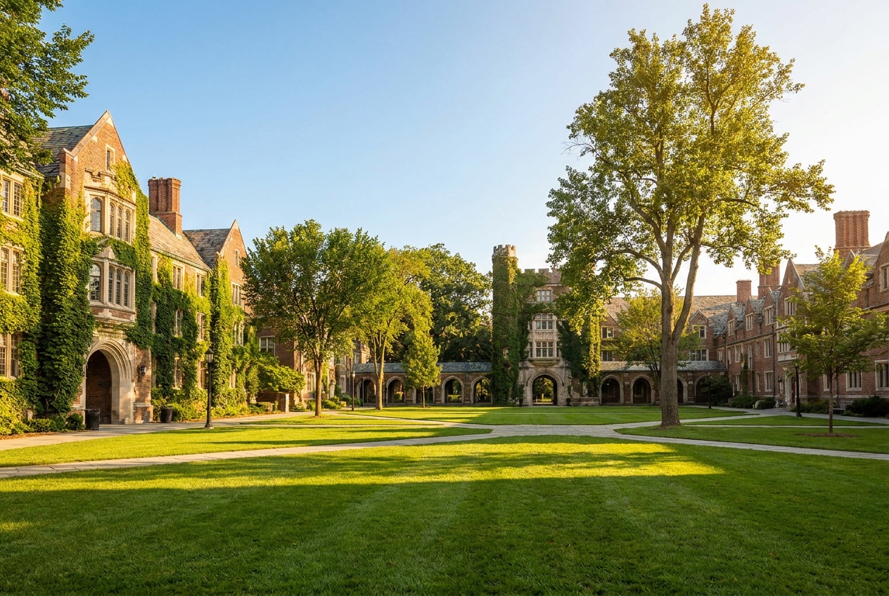 A green university quad on a sunny day