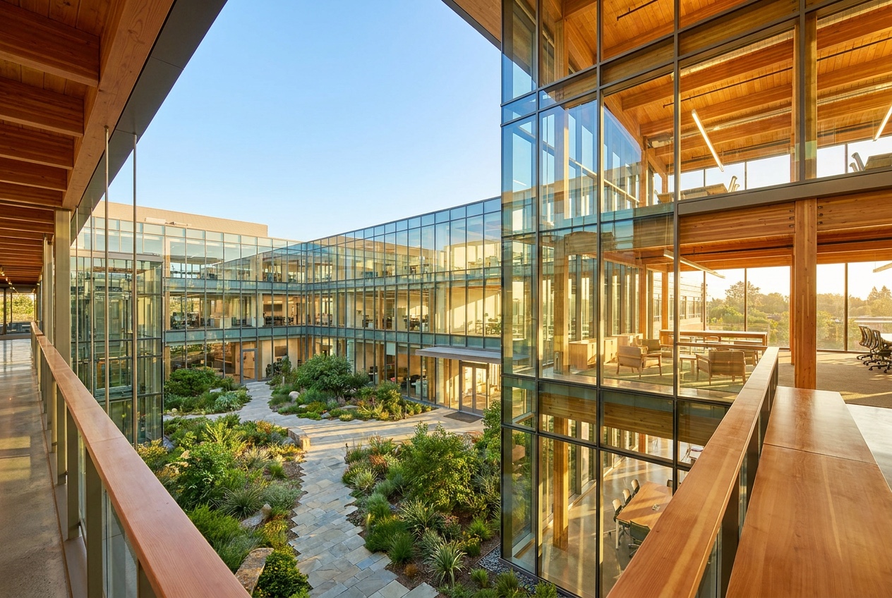 A bright glass office atrium seen live through the Waypoints camera