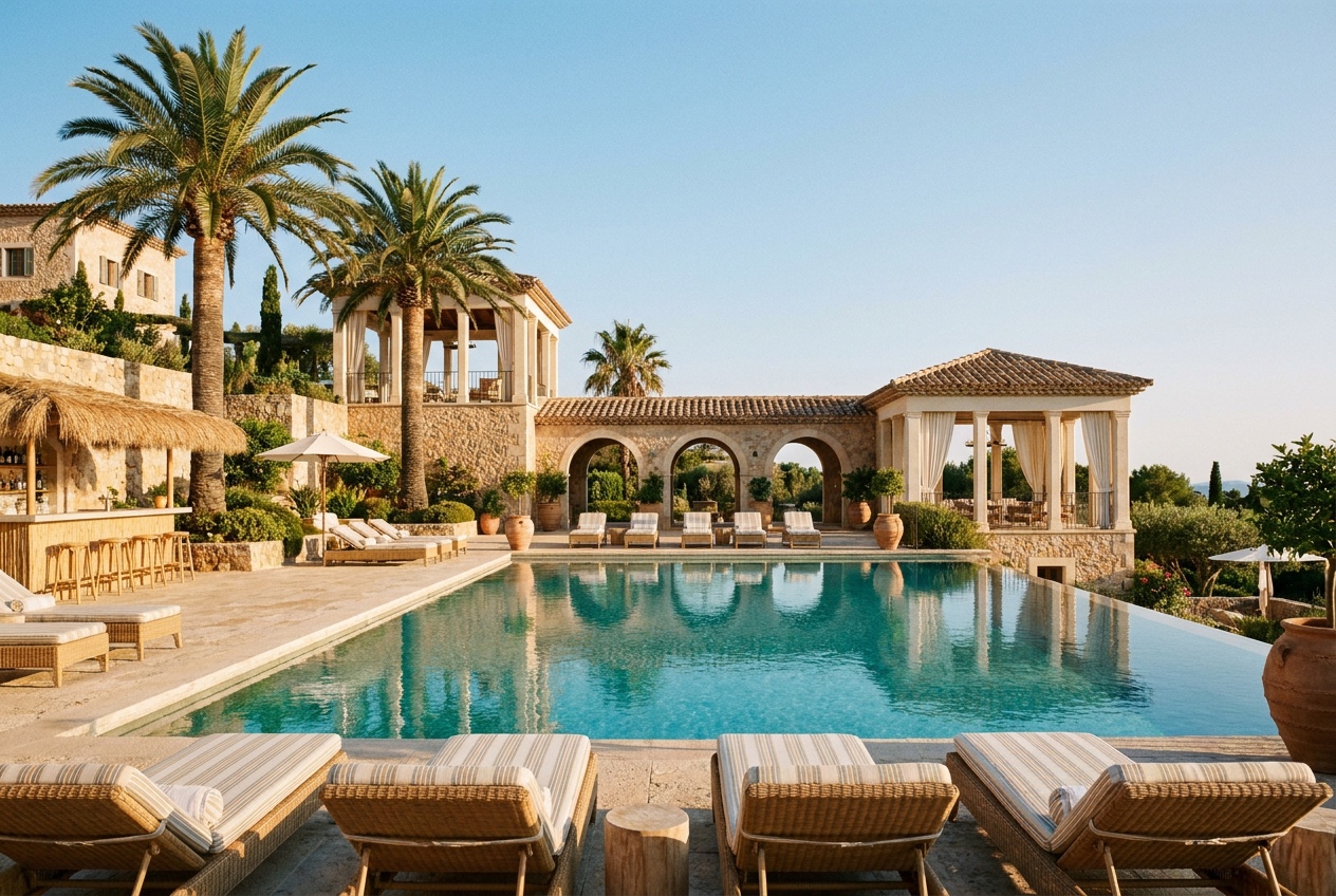 A bright Mediterranean resort pool deck seen live through the Waypoints camera