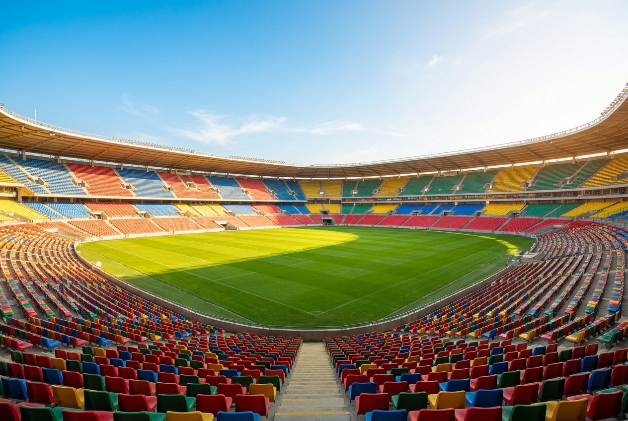 A bright open stadium with a green pitch seen live through the Waypoints camera