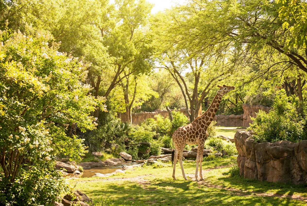 A bright green zoo habitat with a giraffe seen live through the Waypoints camera