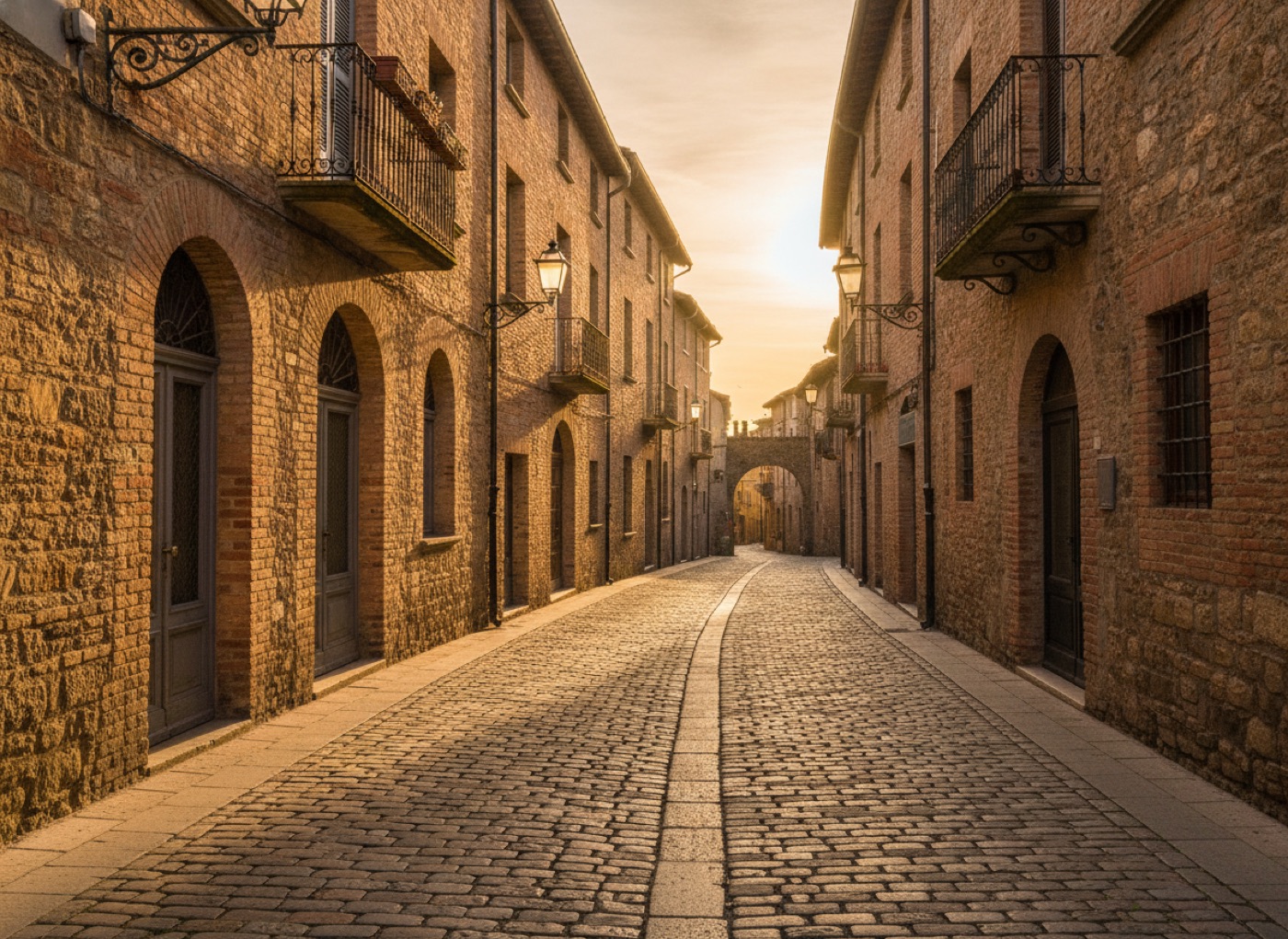 A bright golden-hour downtown lane lined with brick storefronts, arched doorways and a stone archway