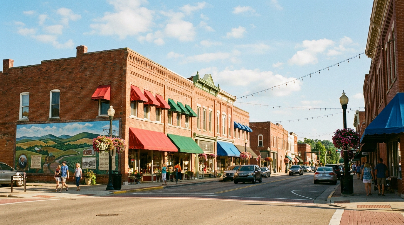 A bright, sunny downtown Main Street with brick storefronts, awnings, string lights and a wall mural