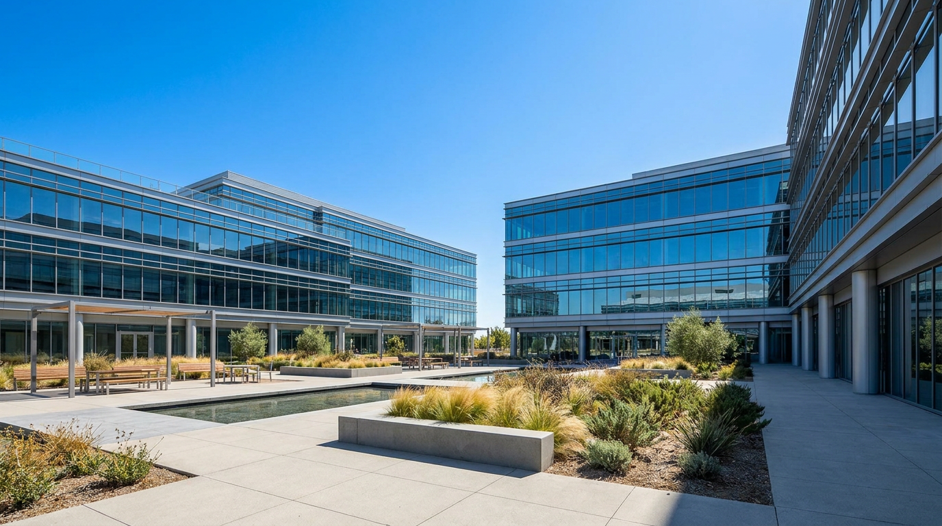 A bright, sunny corporate campus courtyard — glass office buildings, benches and planters in full daylight