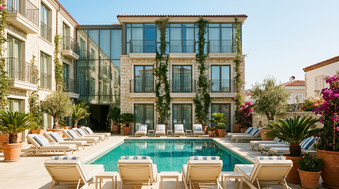 A bright, sunlit hotel courtyard — a turquoise pool, striped loungers, palms and bougainvillea under a clear blue sky