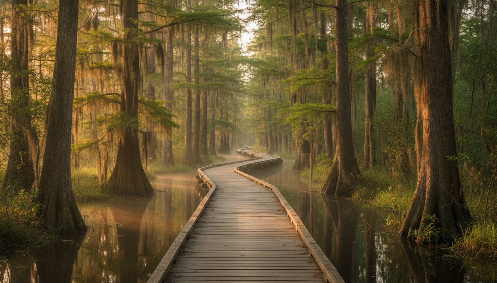 A sunlit cypress boardwalk trail seen live through the Waypoints camera