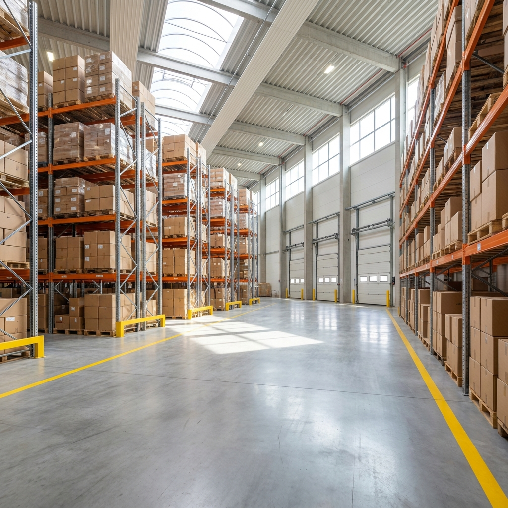 A bright warehouse aisle with tall racking and a loading dock