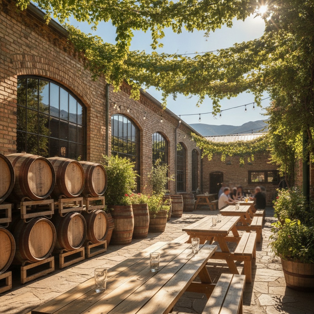Sunny outdoor brewery beer garden with barrels and picnic tables in daylight