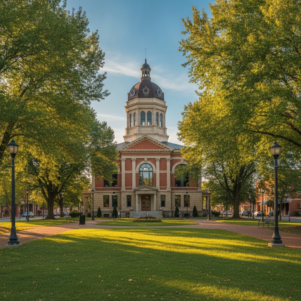 Sunlit historic courthouse square with green trees on a clear day