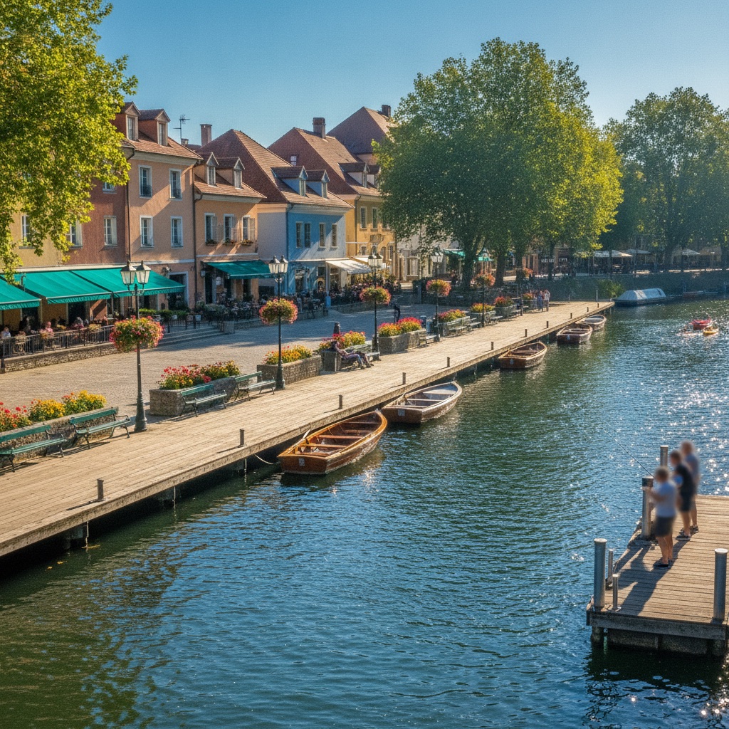 Bright riverfront promenade with boats and colorful buildings on a sunny day