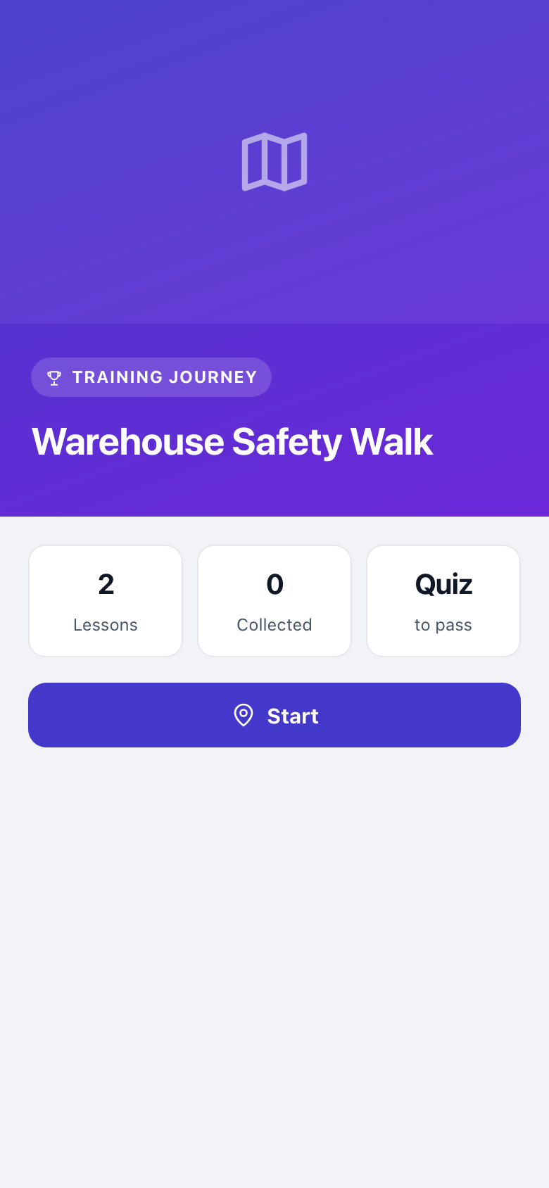 Visitor tour start screen: Warehouse Safety Walk, 2 lessons, 0 collected, quiz to pass, Start button