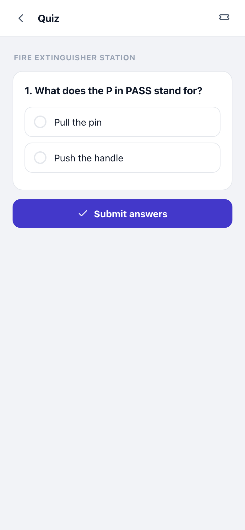 Quiz question screen verifying the worker learned the stop's content