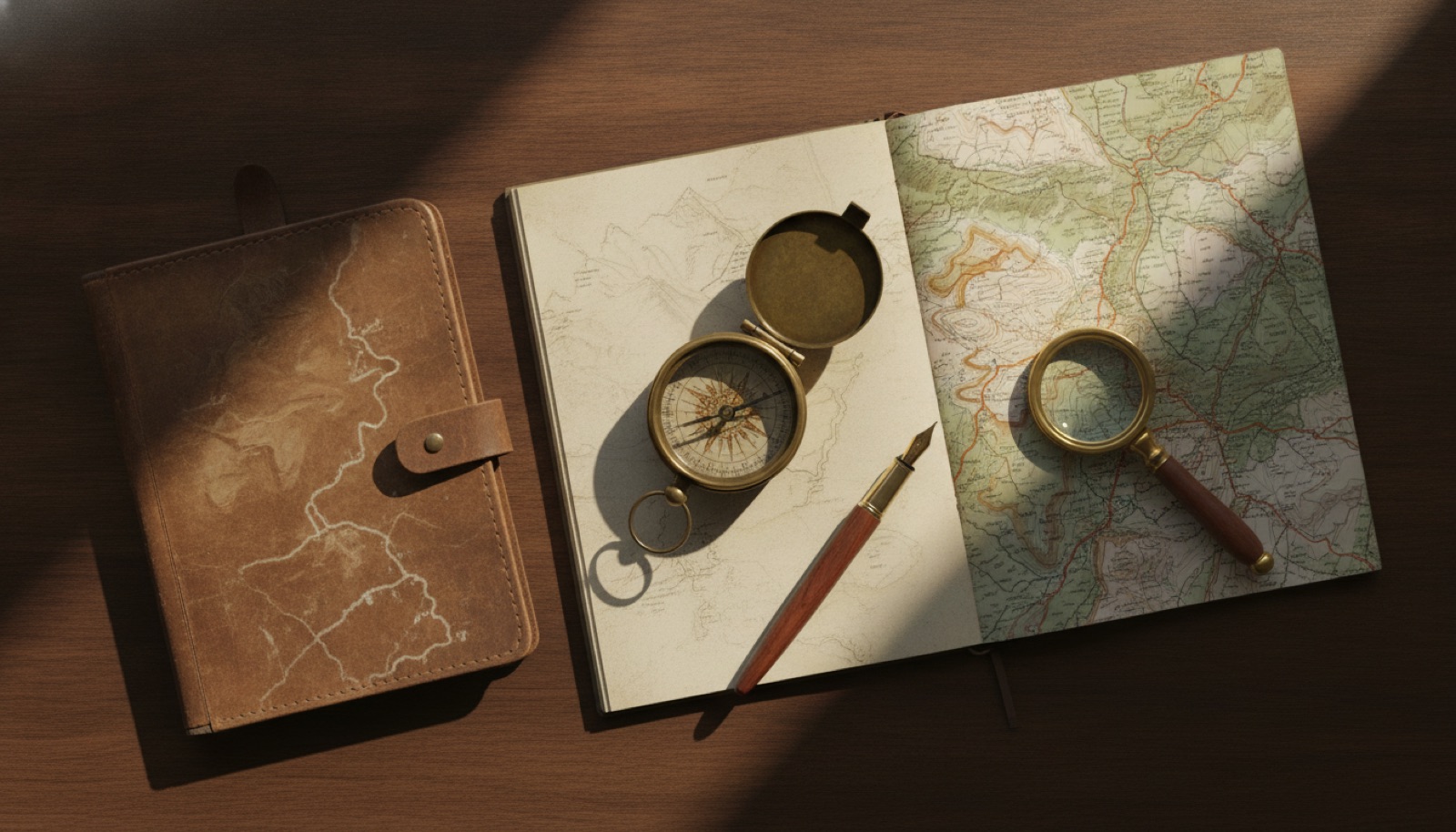 An expedition kit on a walnut desk — brass compass, leather field notebook, folded map and fountain pen