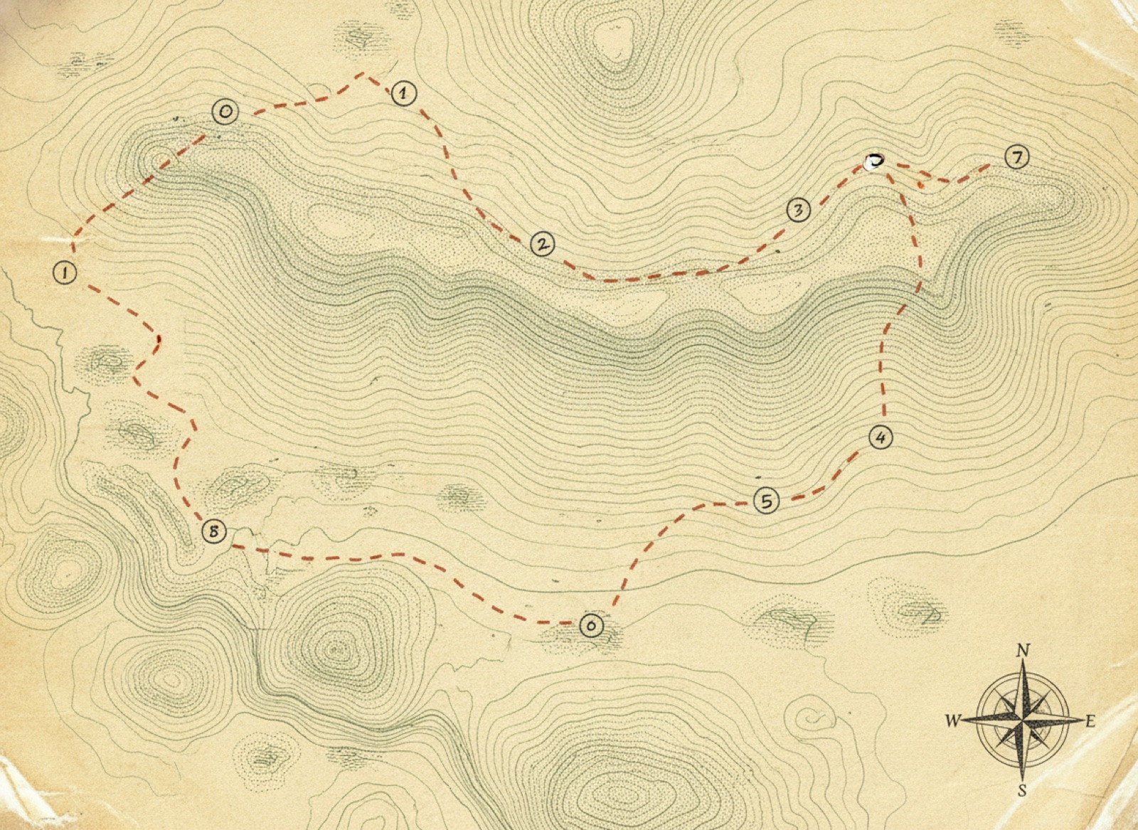 Hand-drawn expedition survey map with a dashed route connecting numbered waypoints