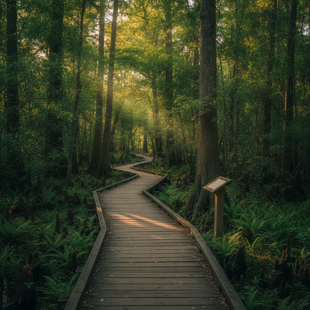 A wooden boardwalk winding through a green cypress wetland nature trail